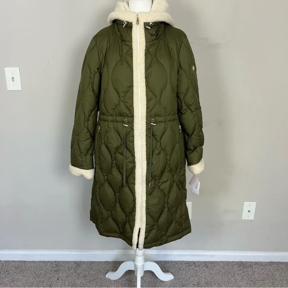 NWT KATE SPADE FAUX SHEARLING TRIM DOWN AND FEATHER FILL LONG COAT OLIVE SIZE XL - Picture 11 of 16